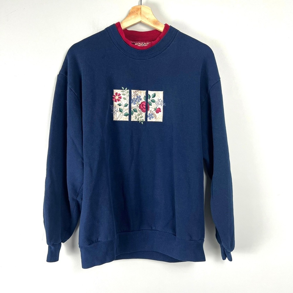 Vtg Floral Embroidered Sweatshirt L Double Collar Granny Retro Cottage Cabin 90s